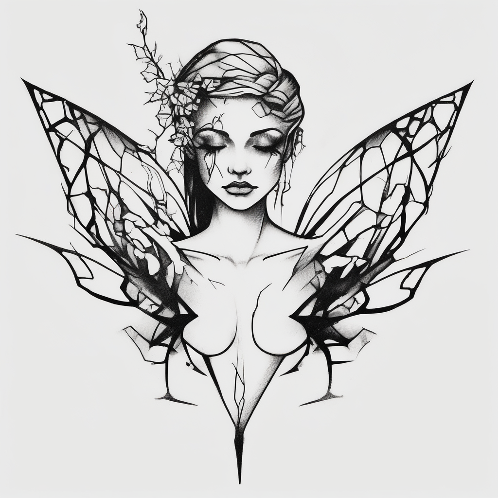 A minimalist fairy tattoo that represents a shattered and betrayed gemini woman who fought hard throughout this year. With colors blue and black. Make it unique and rare. Without leaves and stem. half sleeve tattoos for men, diseño de tatuaje Blanco y negro generado con IA